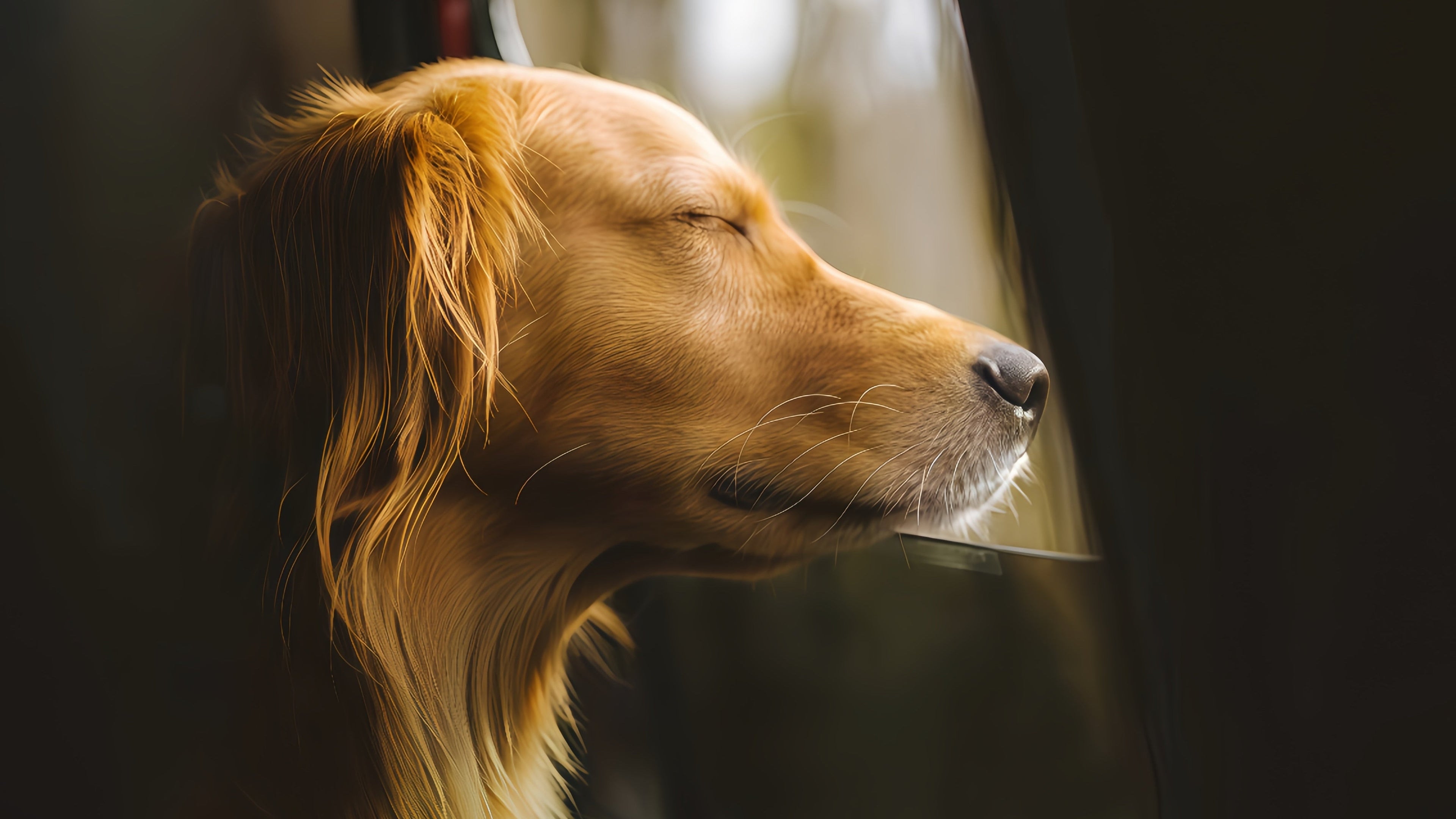 Golden retriever enjoying fresh air from a tent window during a camping trip