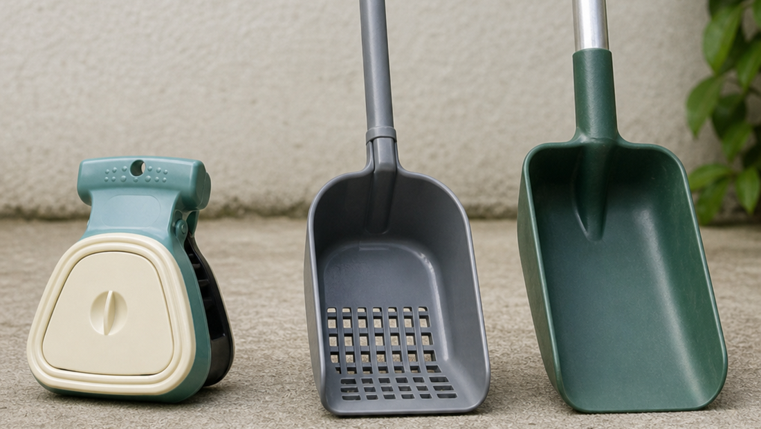 Different types of dog poop scoopers shown for comparison, including a foldable clip-on design.