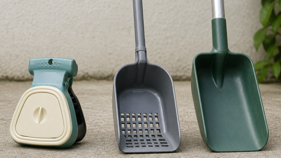 Different types of dog poop scoopers shown for comparison, including a foldable clip-on design.