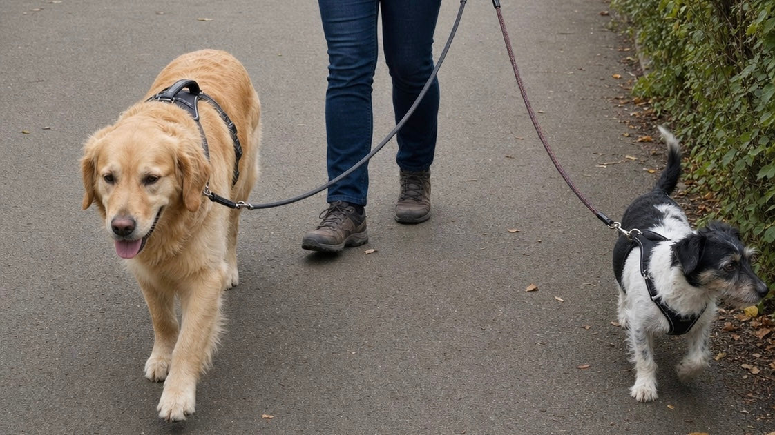 Two dogs walking calmly together on separate leads with one person on a quiet park path.